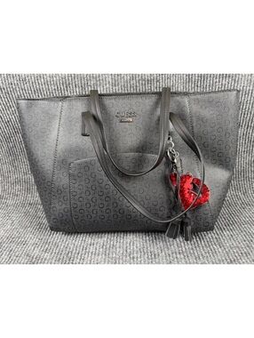 Guess Black Logo Tote Shoulder Bag Large Tassels Lips Charm Triple Compartment
